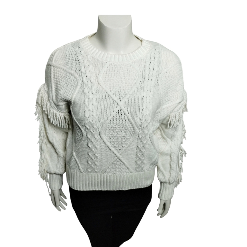 Womens Cable Knit Fringe Crew Ribbed Fisherman Chunky Sweater size M Western‎